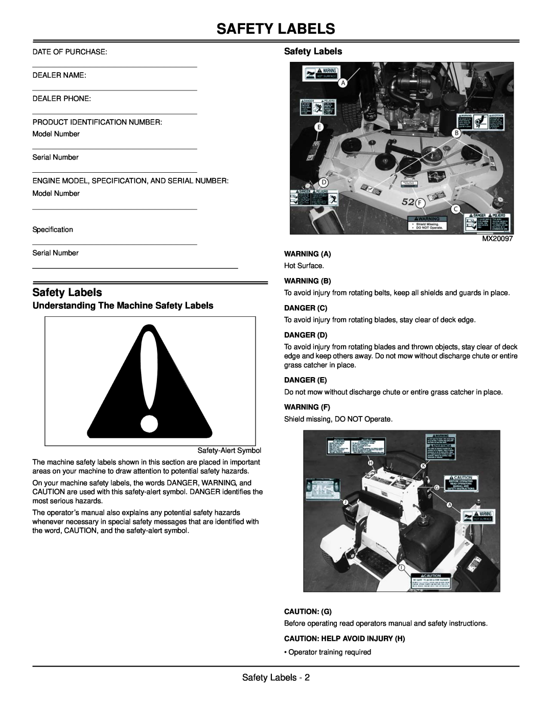Great Dane GSRKA1952S, GSRKW2352S manual Understanding The Machine Safety Labels 