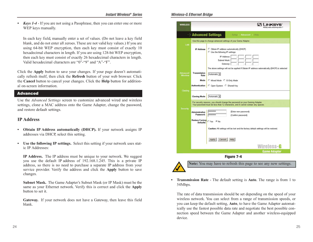 Green House WGA54G manual IP Address, Advanced 