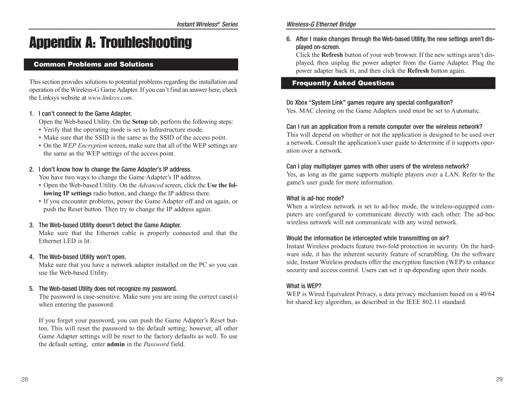 Green House WGA54G manual Appendix a Troubleshooting, Common Problems and Solutions, Frequently Asked Questions 