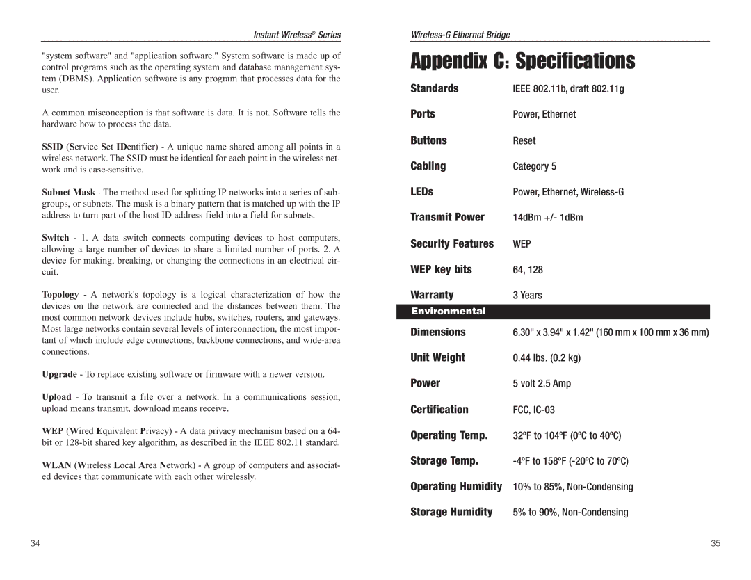 Green House WGA54G manual Appendix C Specifications, Environmental 