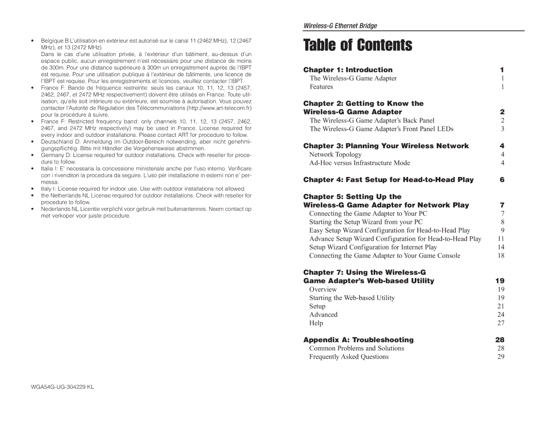 Green House WGA54G manual Table of Contents 