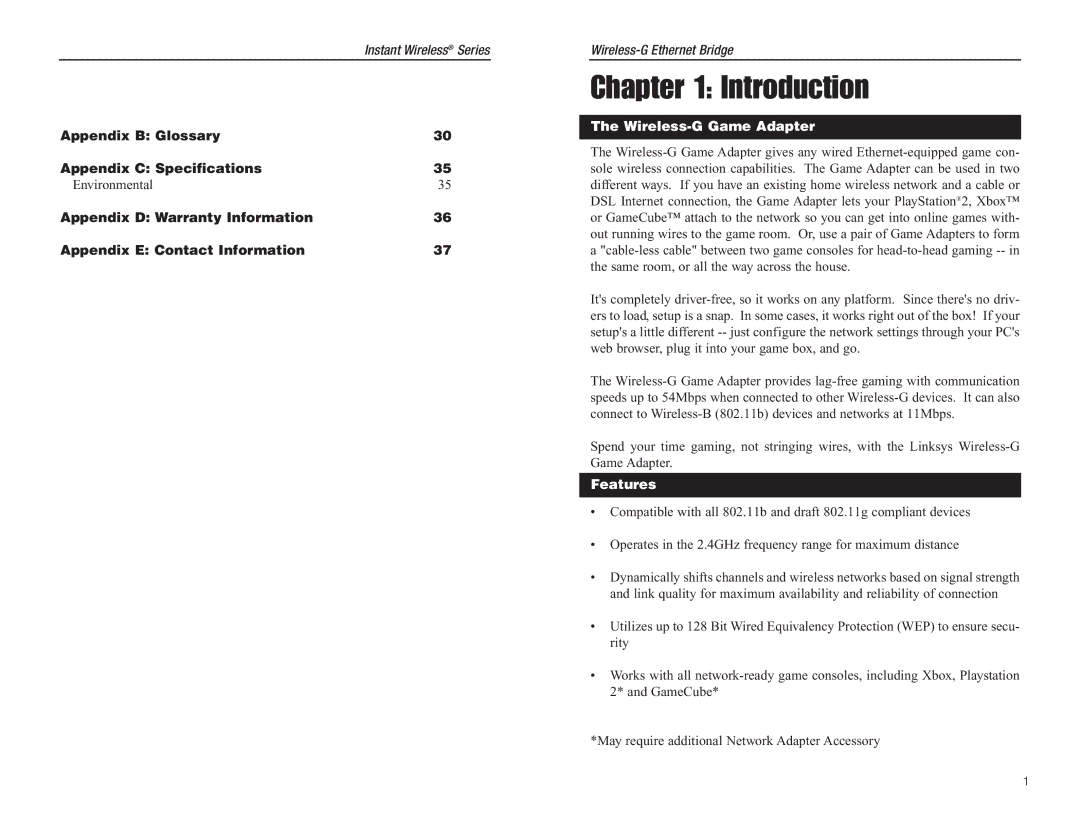 Green House WGA54G manual Introduction, Wireless-G Game Adapter, Features 
