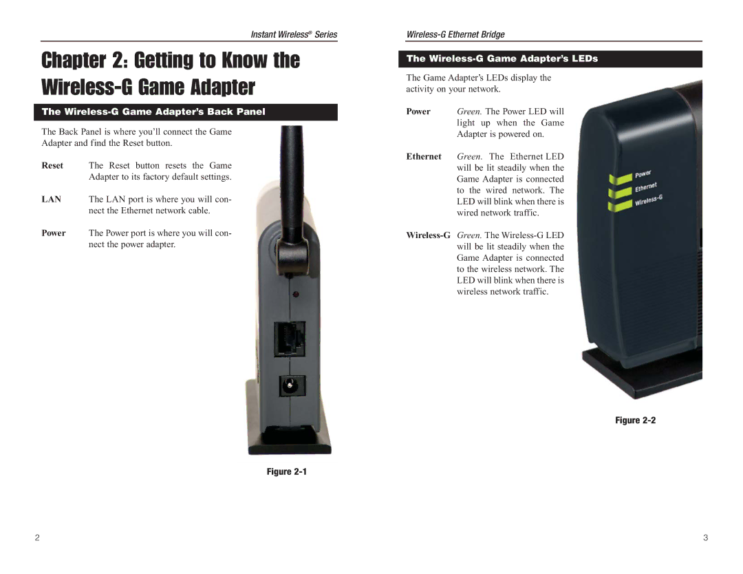 Green House WGA54G manual Wireless-G Game Adapter’s Back Panel, Wireless-G Game Adapter’s LEDs 