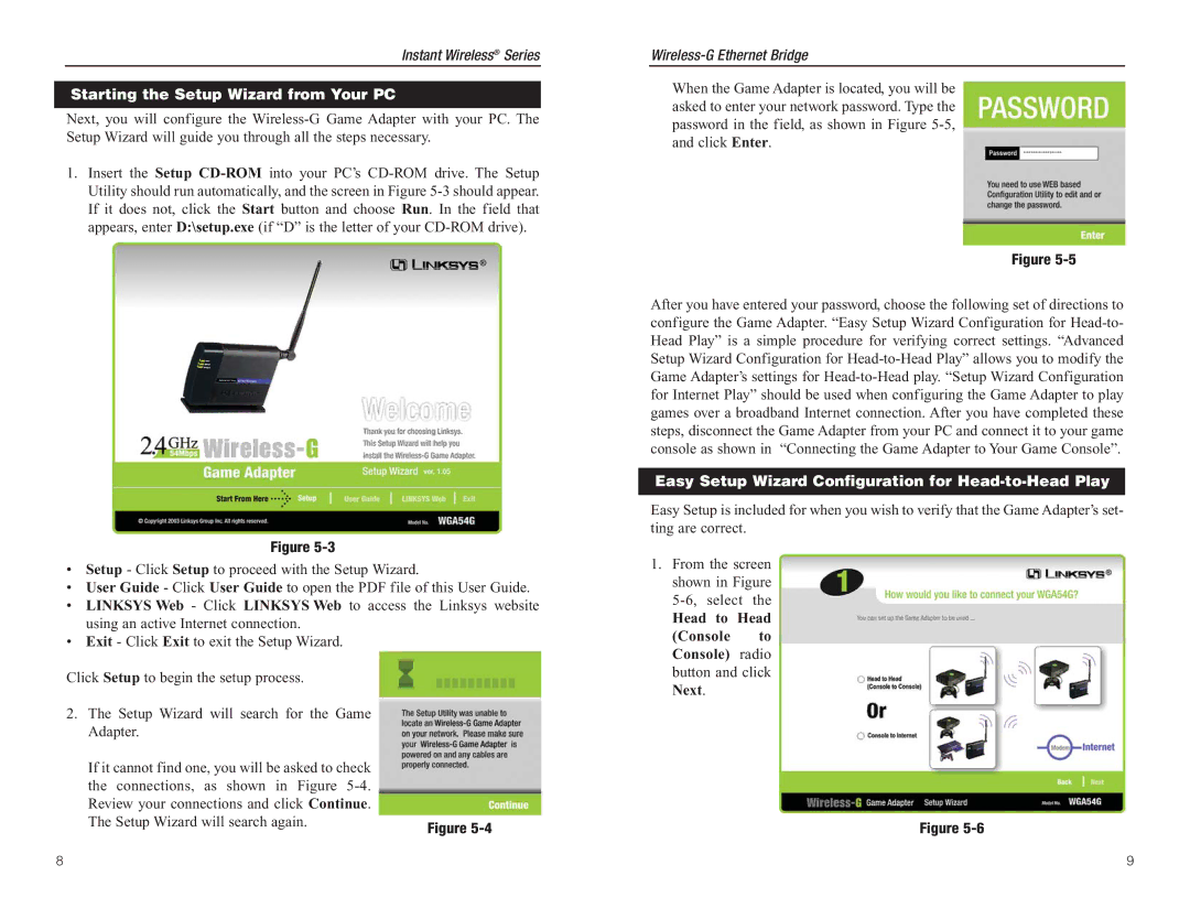 Green House WGA54G manual Starting the Setup Wizard from Your PC, Easy Setup Wizard Configuration for Head-to-Head Play 