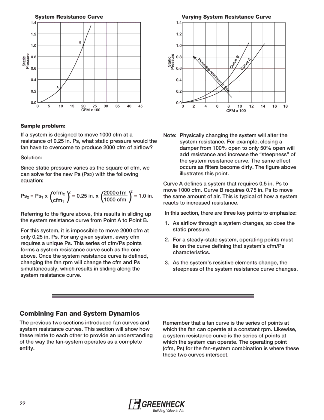 Greenheck Fan 240XP-CUb manual System Resistance Curve Sample problem, Varying System Resistance Curve 