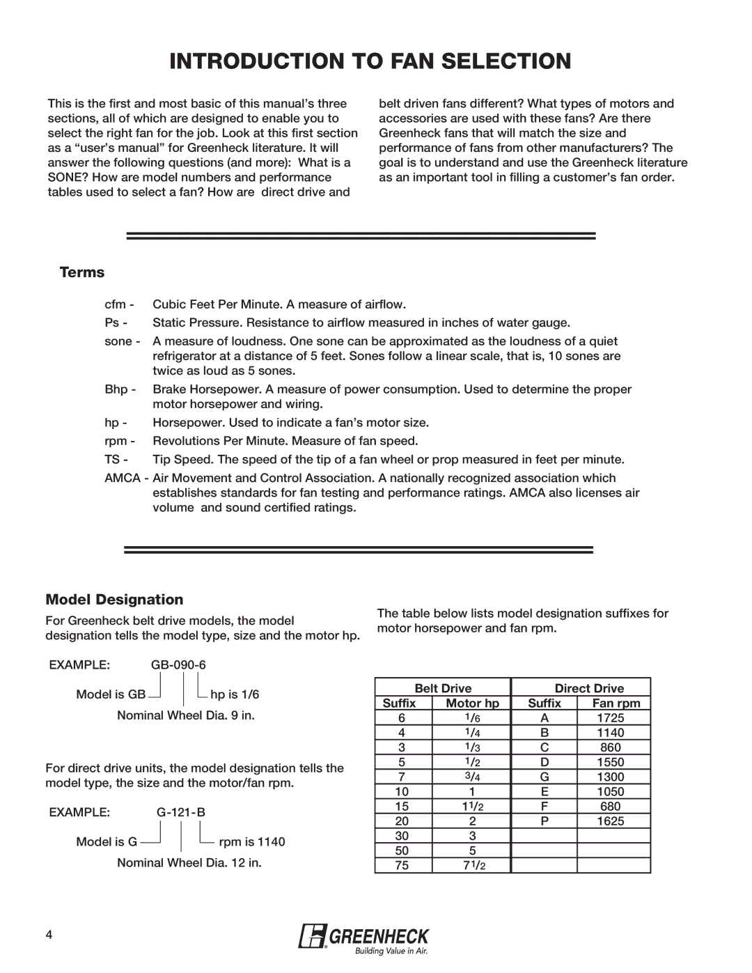 Greenheck Fan 240XP-CUb manual Terms, Belt Drive Direct Drive Suffix Motor hp, Fan rpm 