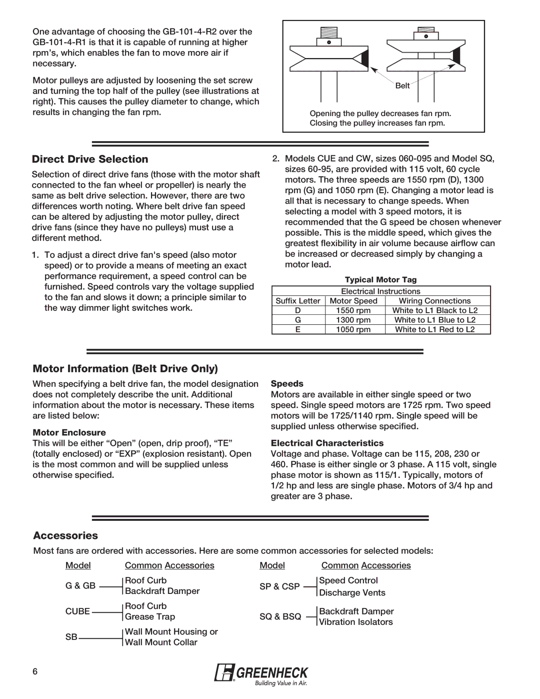 Greenheck Fan 240XP-CUb manual Direct Drive Selection, Motor Information Belt Drive Only, Accessories 