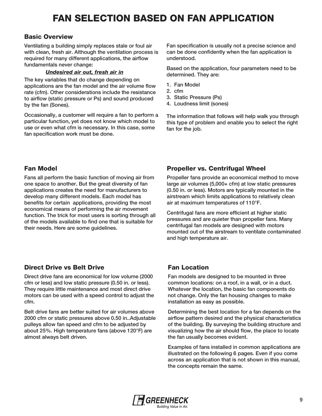 Greenheck Fan 240XP-CUb manual Basic Overview, Fan Model, Propeller vs. Centrifugal Wheel, Direct Drive vs Belt Drive 