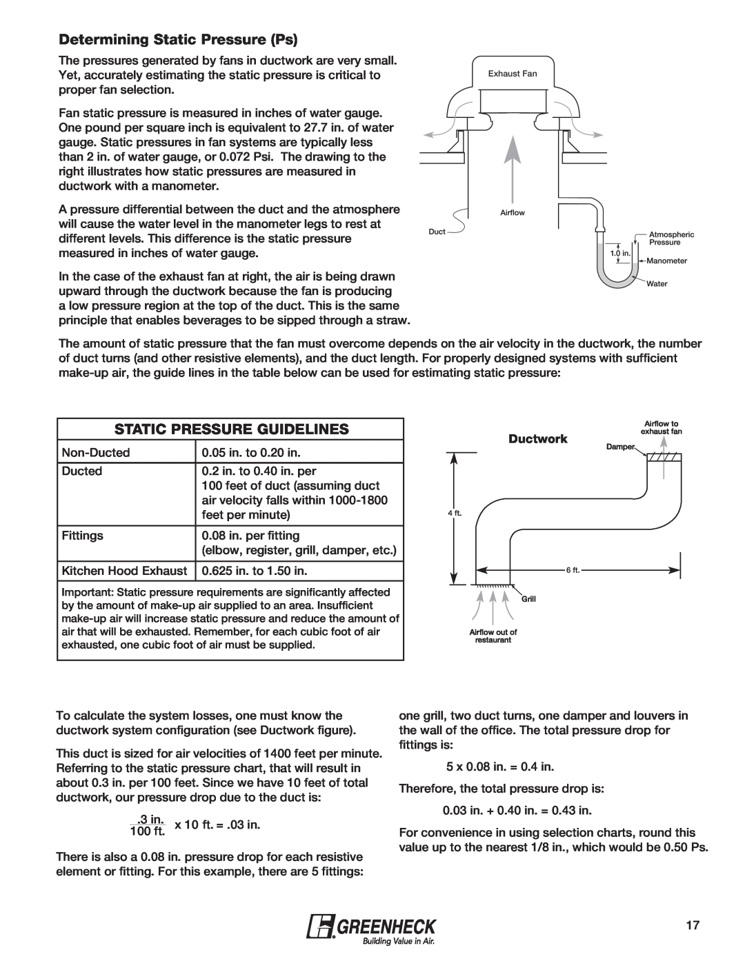 Greenheck Fan 240XP-CUb manual Determining Static Pressure Ps, Static Pressure Guidelines, Ductwork 