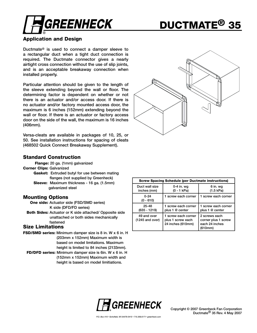 Greenheck Fan 35 installation instructions Ductmate, Application and Design, Standard Construction, Mounting Options 