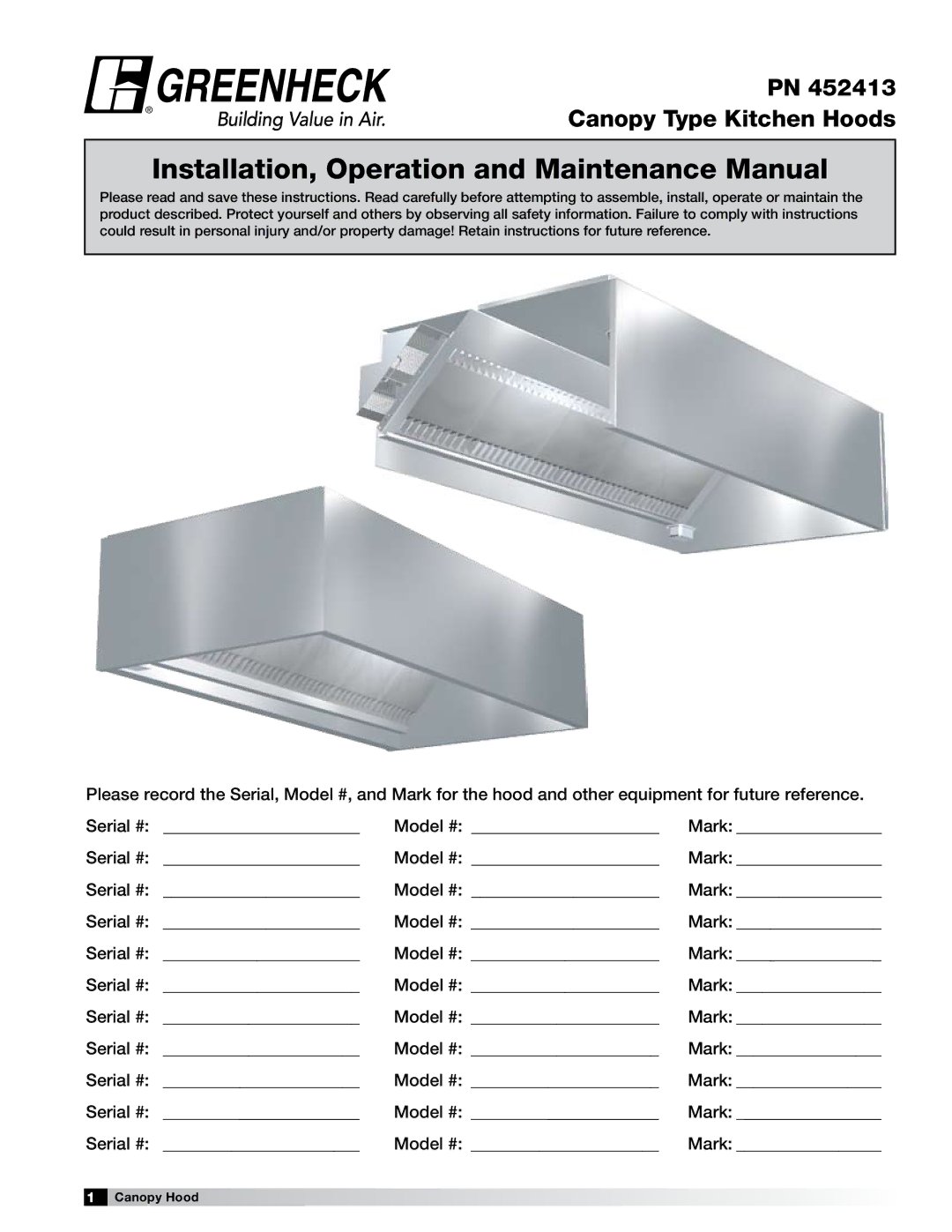 Greenheck Fan 452413 manual Installation, Operation and Maintenance Manual 