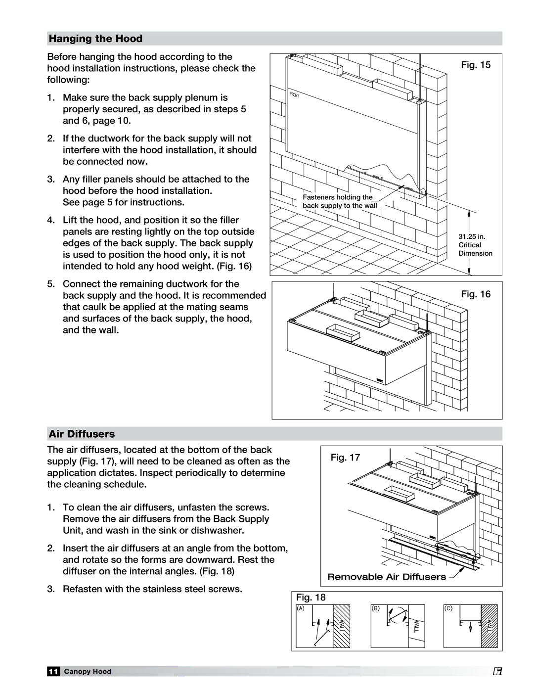 Greenheck Fan 452413 manual Hanging the Hood, Air Diffusers 