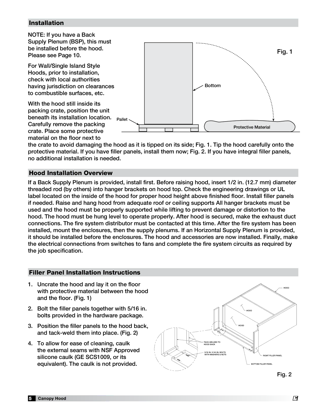 Greenheck Fan 452413 manual Hood Installation Overview, Filler Panel Installation Instructions 