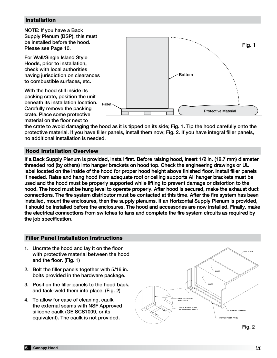 Greenheck Fan 452413 manual Hood Installation Overview, Filler Panel Installation Instructions 