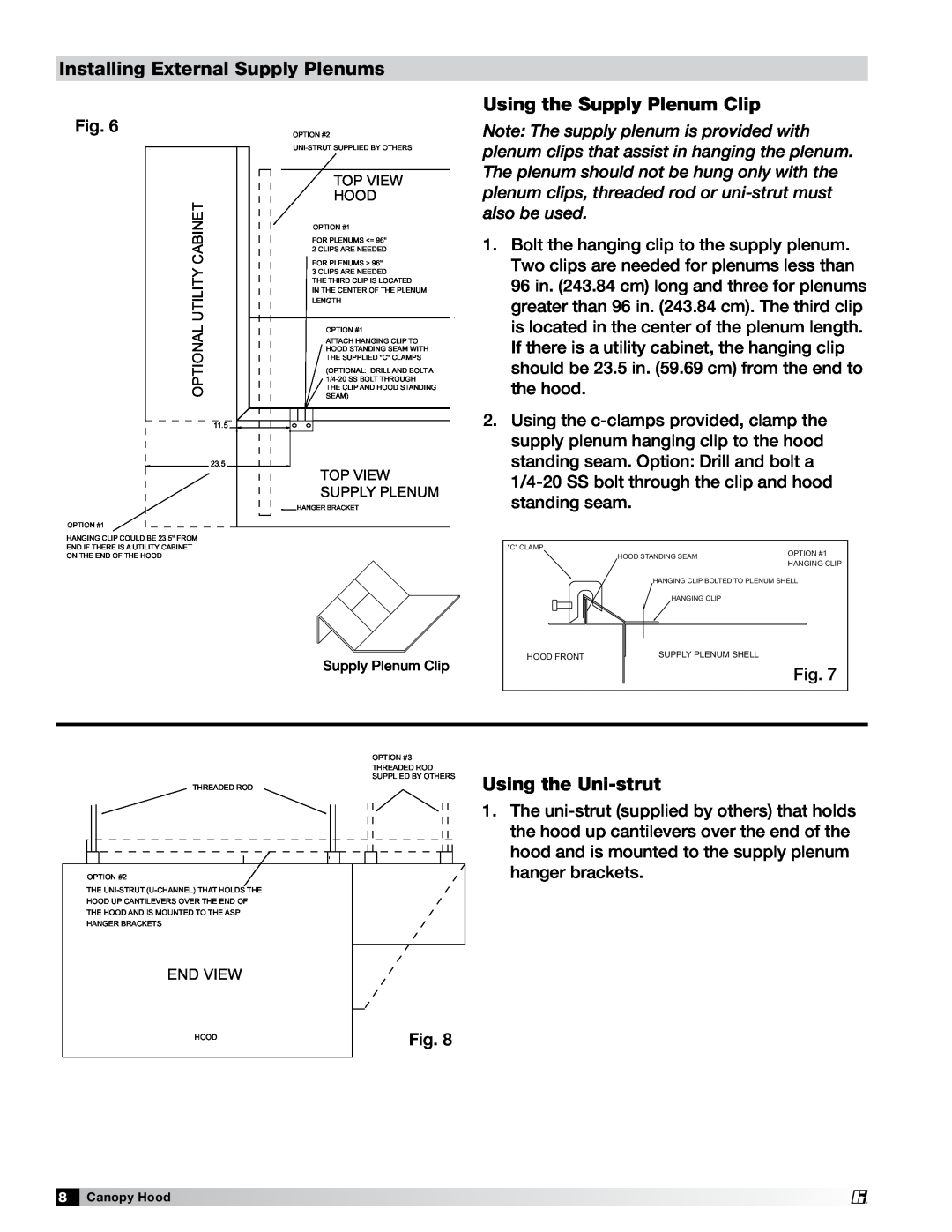Greenheck Fan 452413 manual Installing External Supply Plenums, Using the Supply Plenum Clip, Using the Uni-strut 