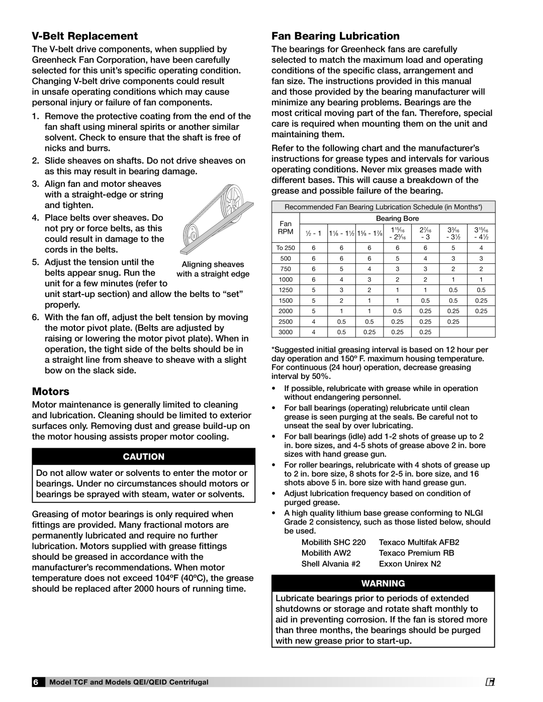 Greenheck Fan 459968 manual Belt Replacement, Motors, Fan Bearing Lubrication 