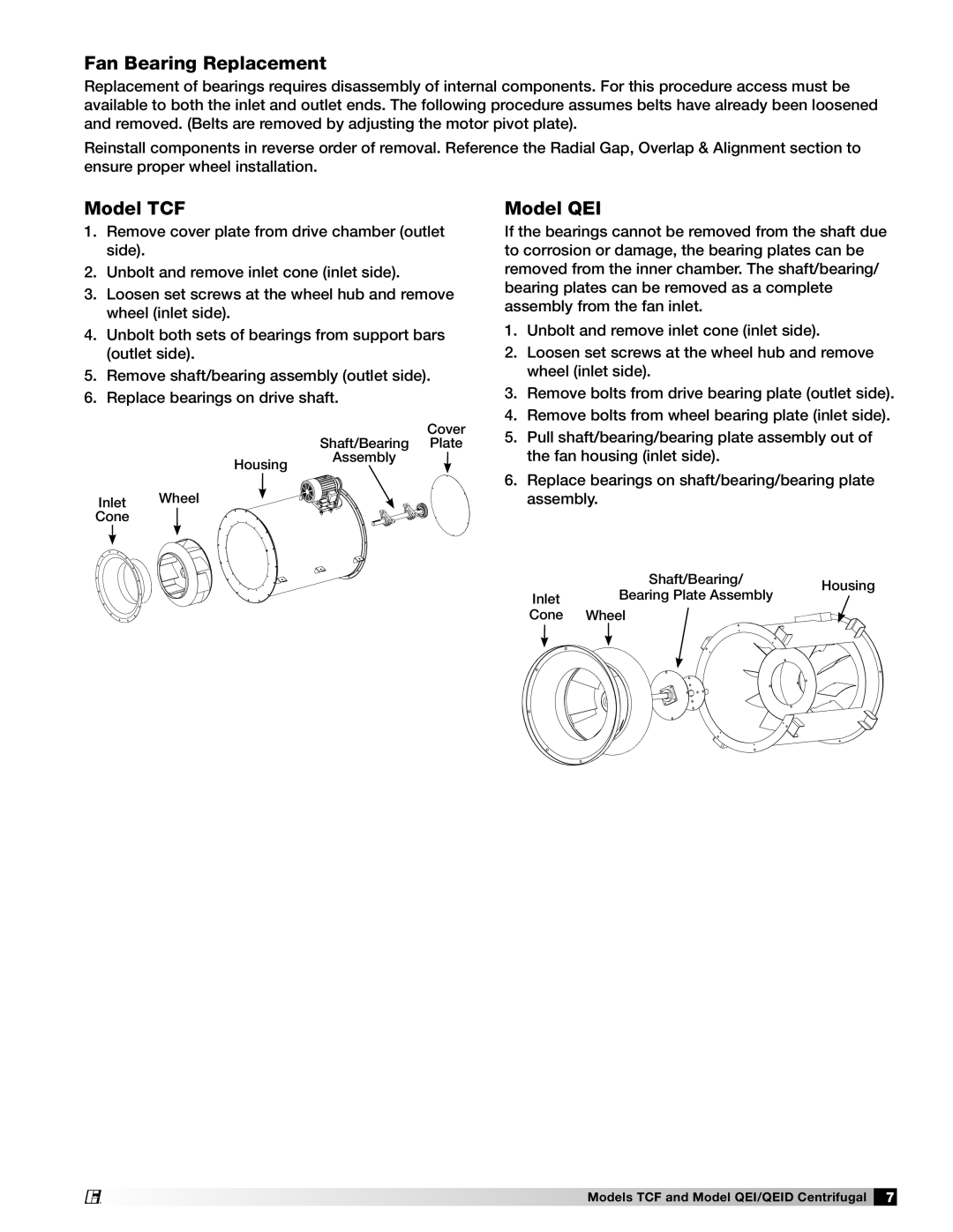 Greenheck Fan 459968 manual Fan Bearing Replacement, Model TCF, Model QEI 