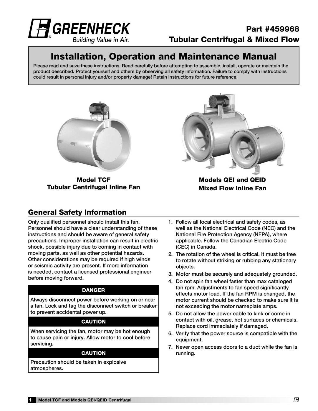 Greenheck Fan 459968 manual General Safety Information, Model TCF, Models QEI and QEID, Tubular Centrifugal Inline Fan 