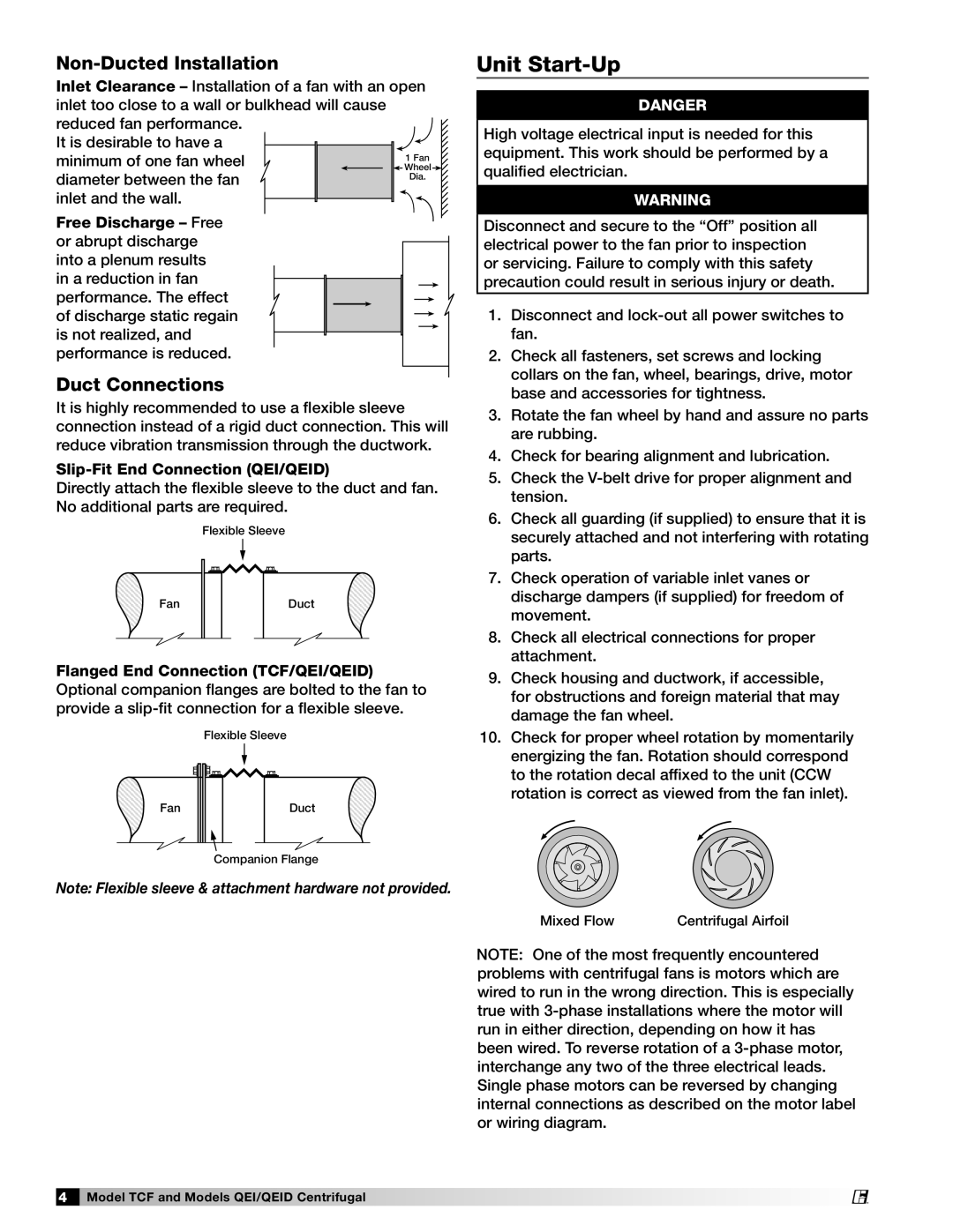 Greenheck Fan 459968 manual Unit Start-Up, Non-DuctedInstallation, Duct Connections, Danger 