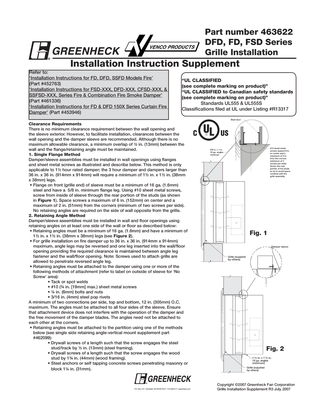 Greenheck Fan 463622 installation instructions Installation Instruction Supplement, UL Classified, Clearance Requirements 