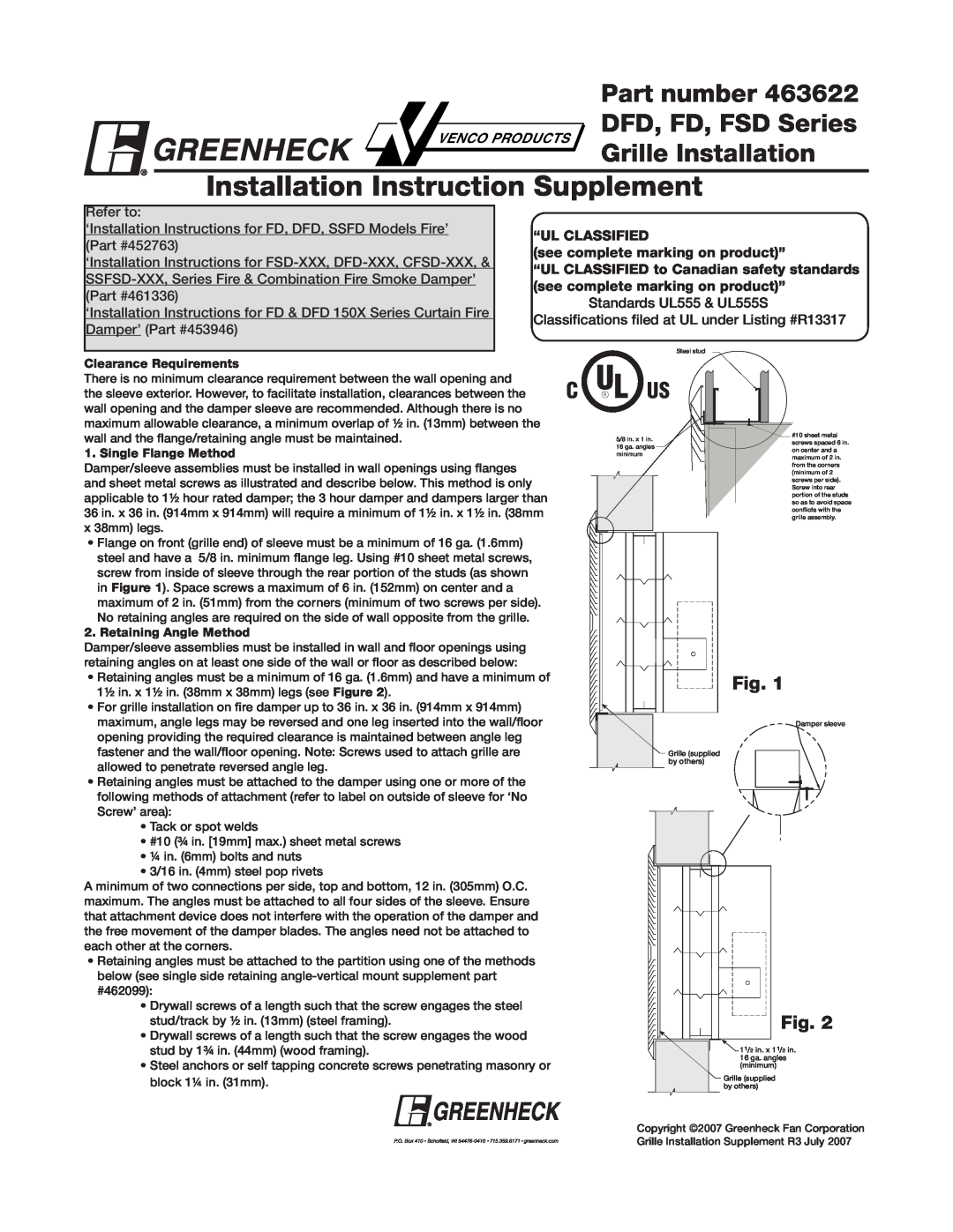 Greenheck Fan 463622 installation instructions Installation Instruction Supplement, Part number DFD, FD, FSD Series 