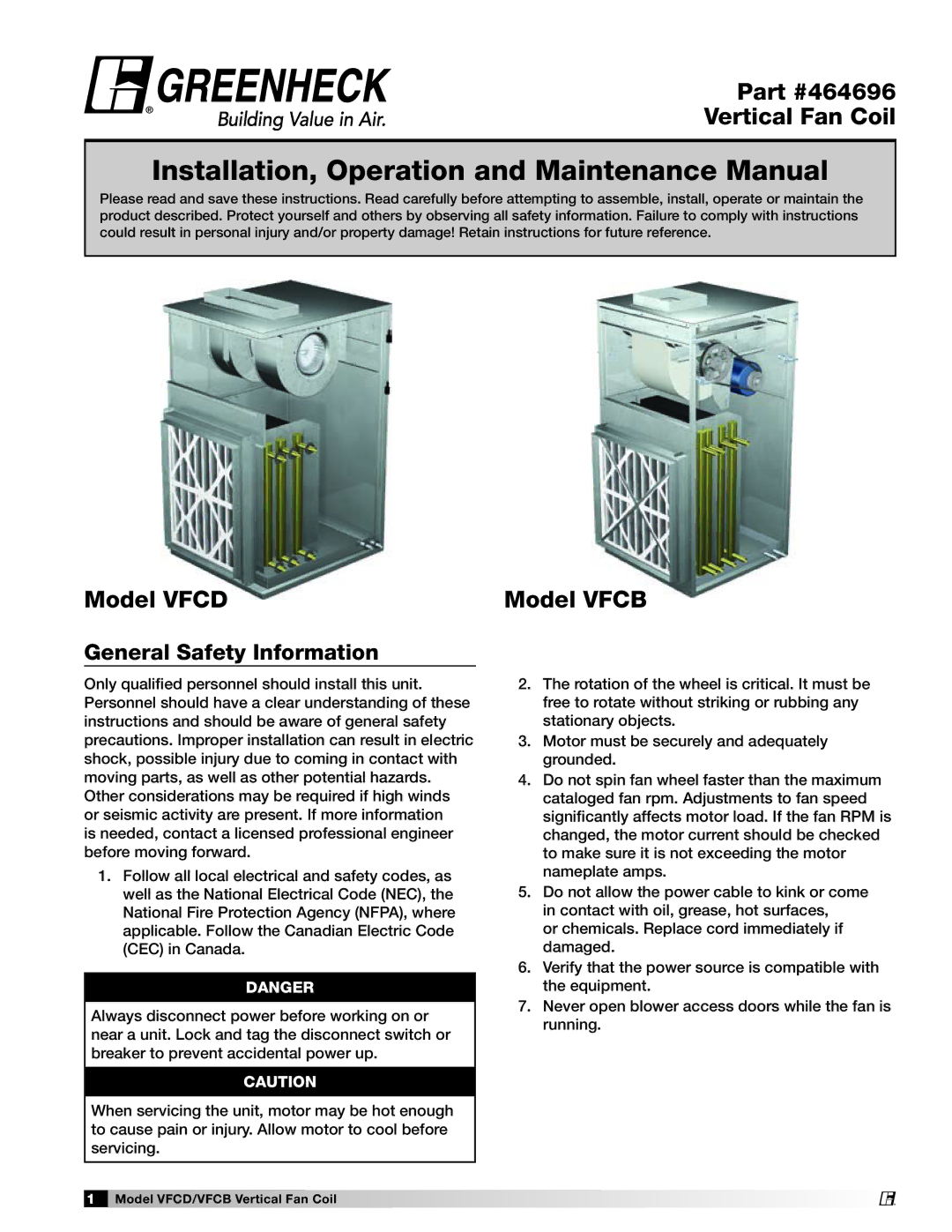 Greenheck Fan 464696 manual Installation, Operation and Maintenance Manual, General Safety Information 