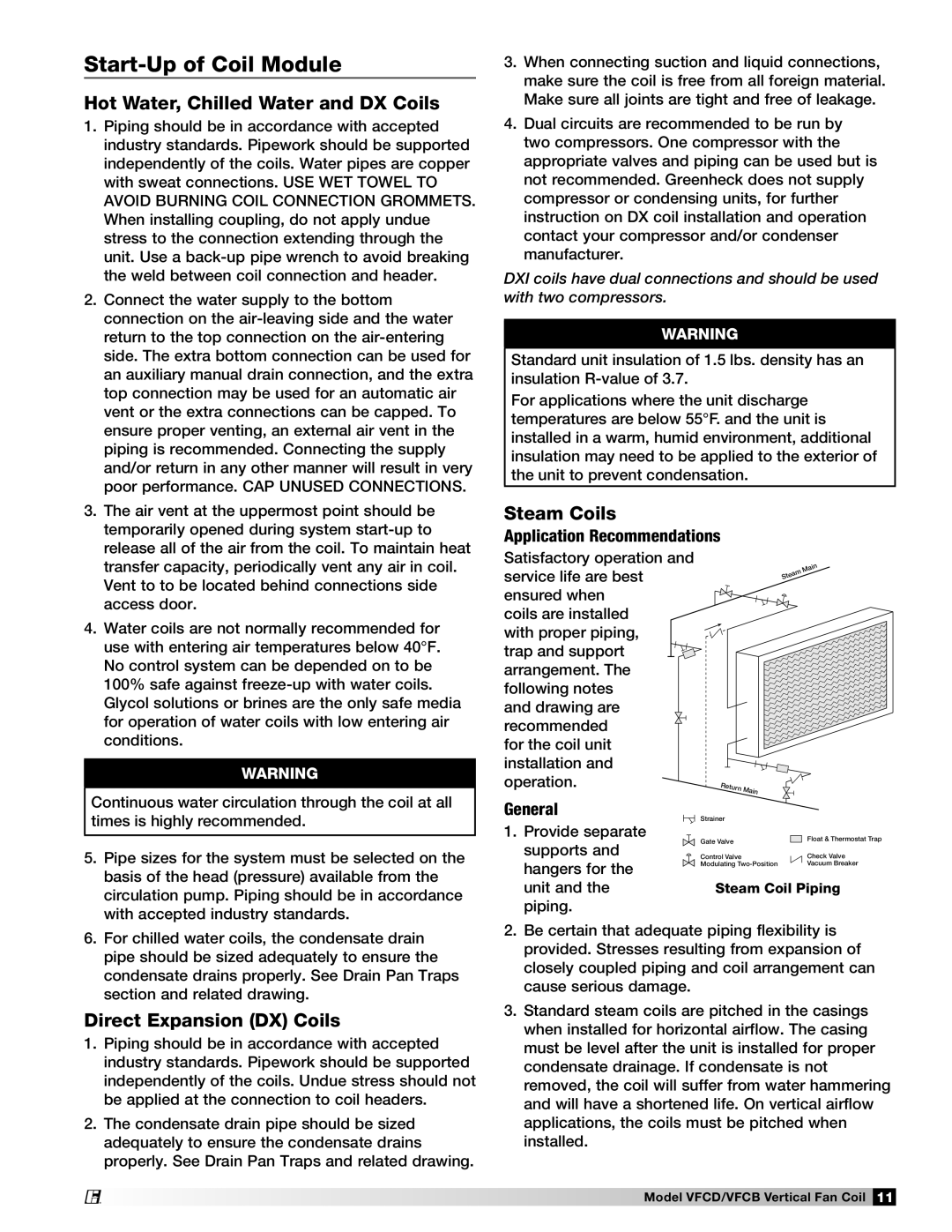 Greenheck Fan 464696 manual Start-Up of Coil Module, Hot Water, Chilled Water and DX Coils, Steam Coils 