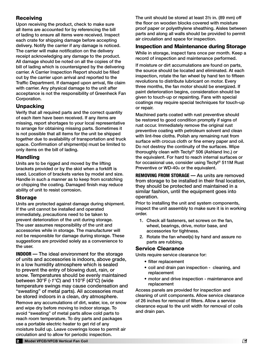Greenheck Fan 464696 Receiving, Unpacking, Handling, Inspection and Maintenance during Storage, Service Clearance 