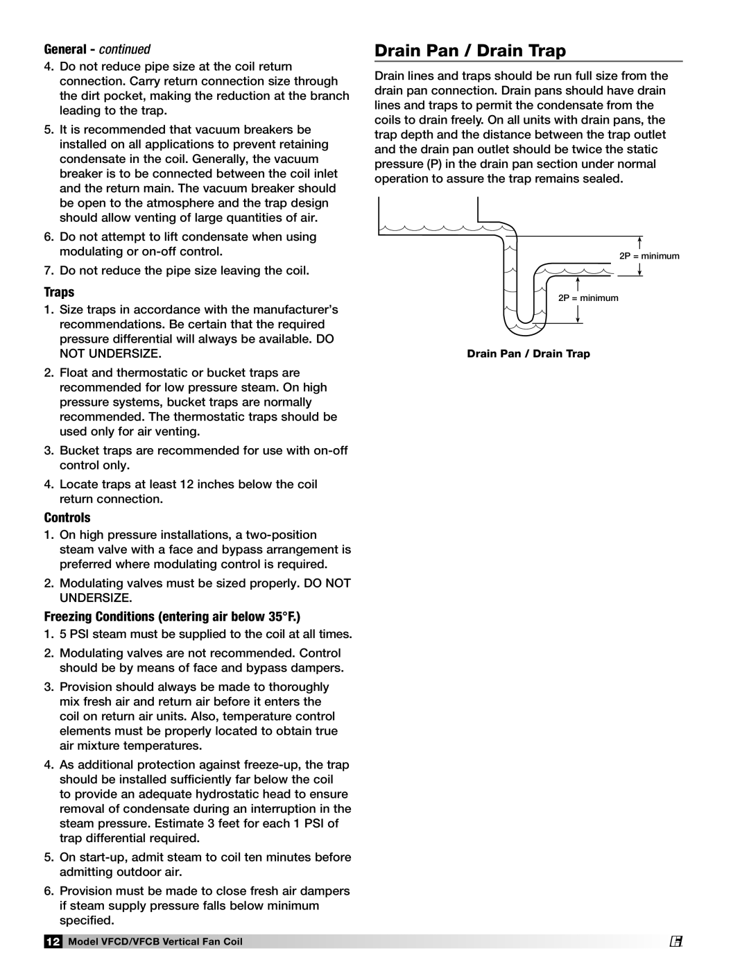 Greenheck Fan 464696 manual Drain Pan / Drain Trap, General - continued, Traps, Controls 