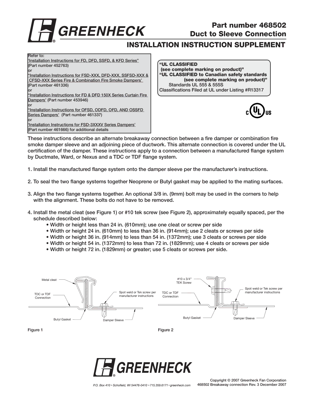 Greenheck Fan 468502 installation instructions Installation Instruction Supplement, UL Classified 