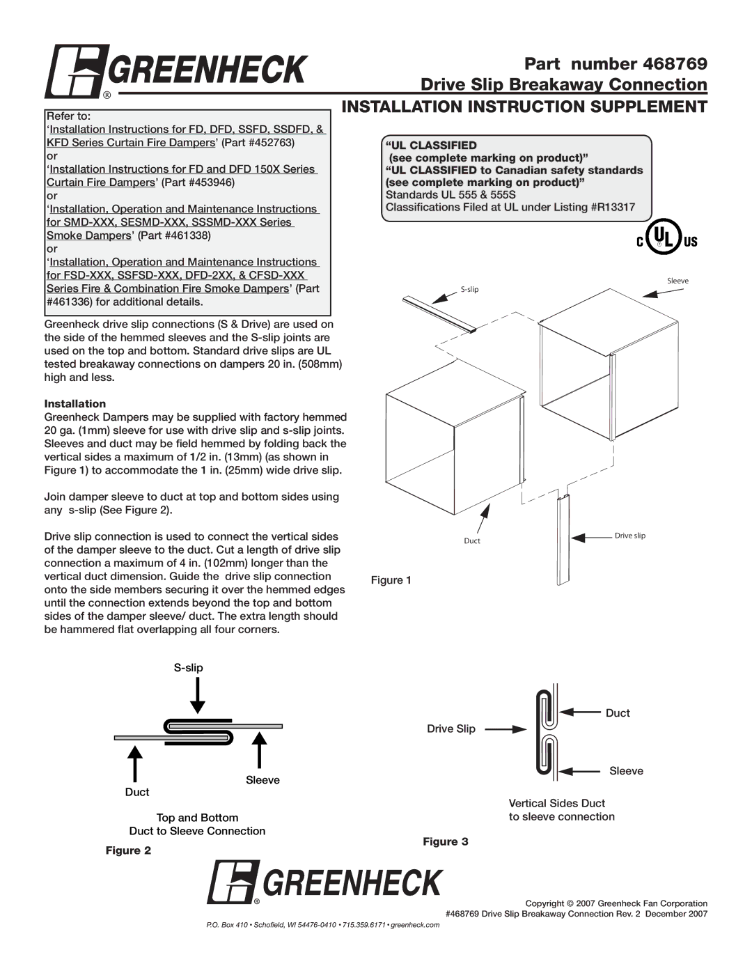 Greenheck Fan 468769 installation instructions Part number, Drive Slip Breakaway Connection, UL Classified 