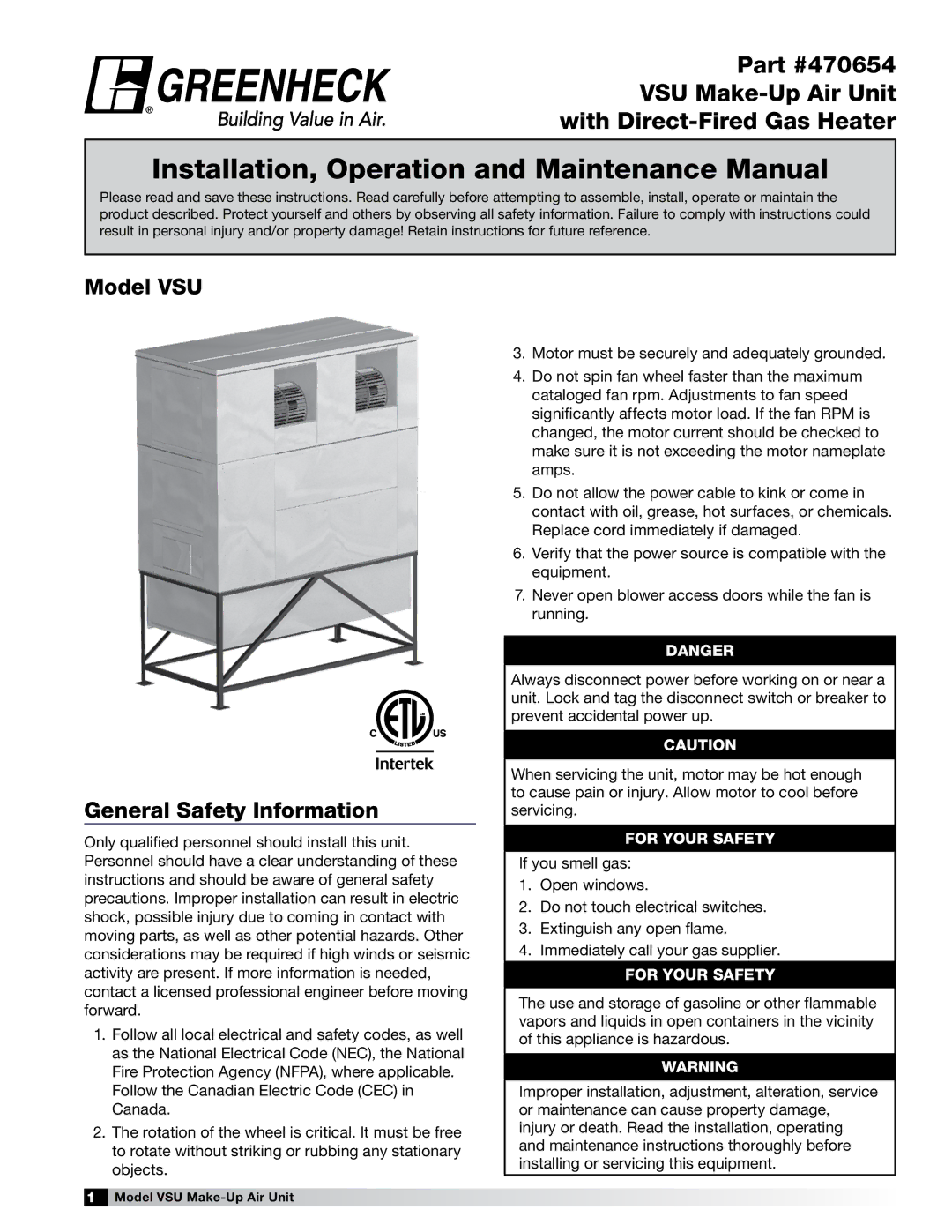 Greenheck Fan 470654 manual Installation, Operation and Maintenance Manual, Model VSU General Safety Information 
