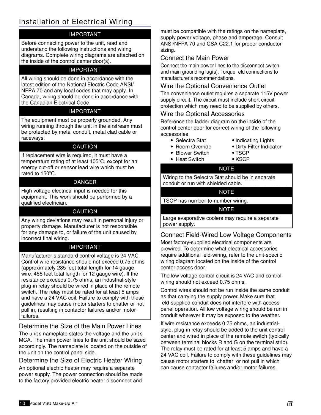 Greenheck Fan 470654 manual Installation of Electrical Wiring 