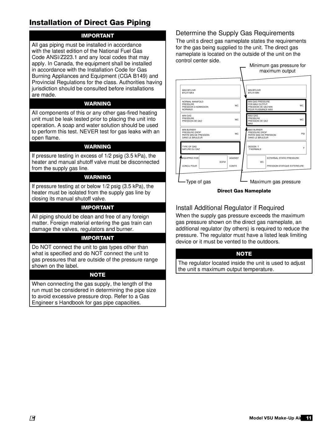 Greenheck Fan 470654 manual Installation of Direct Gas Piping, Determine the Supply Gas Requirements 