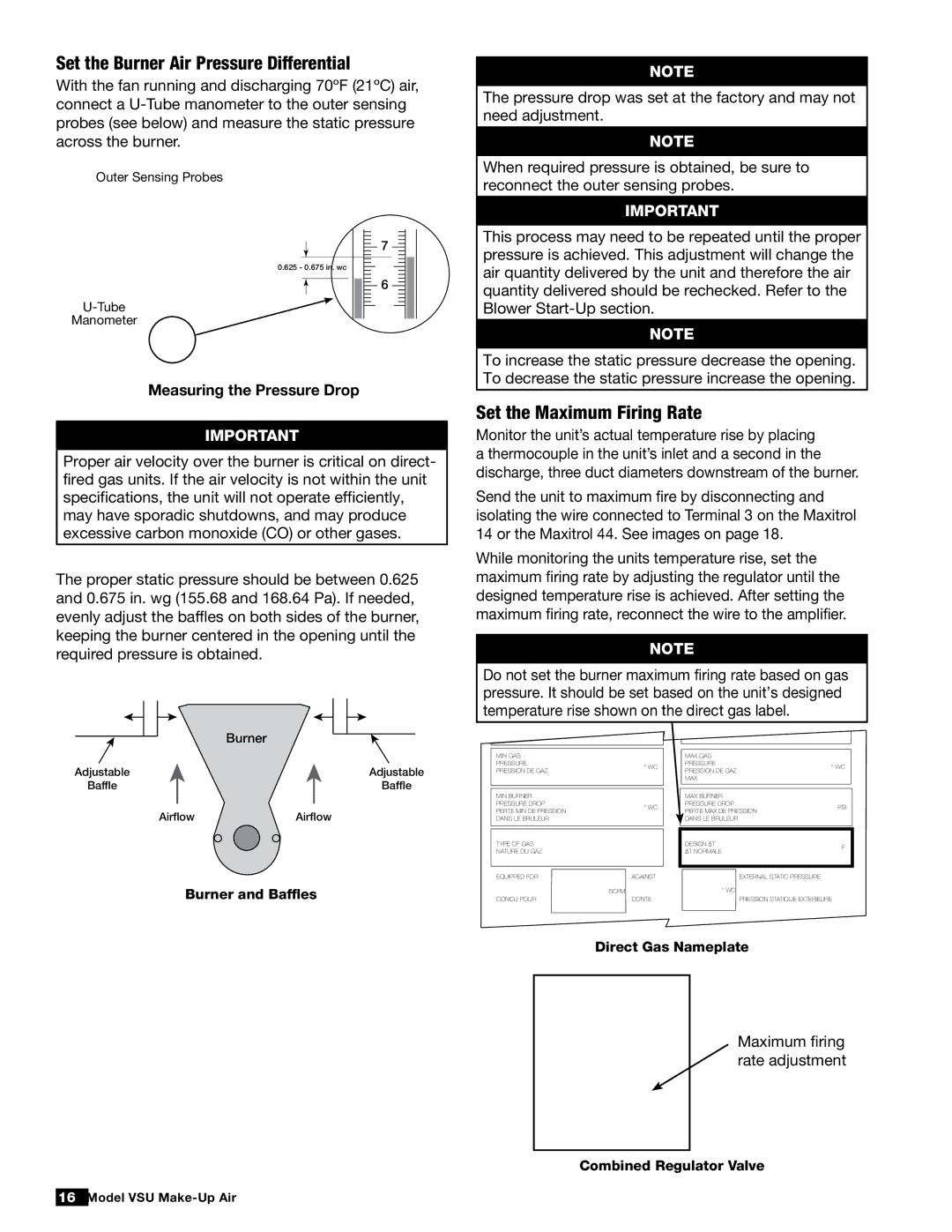 Greenheck Fan 470654 Set the Burner Air Pressure Differential, Set the Maximum Firing Rate, Measuring the Pressure Drop 