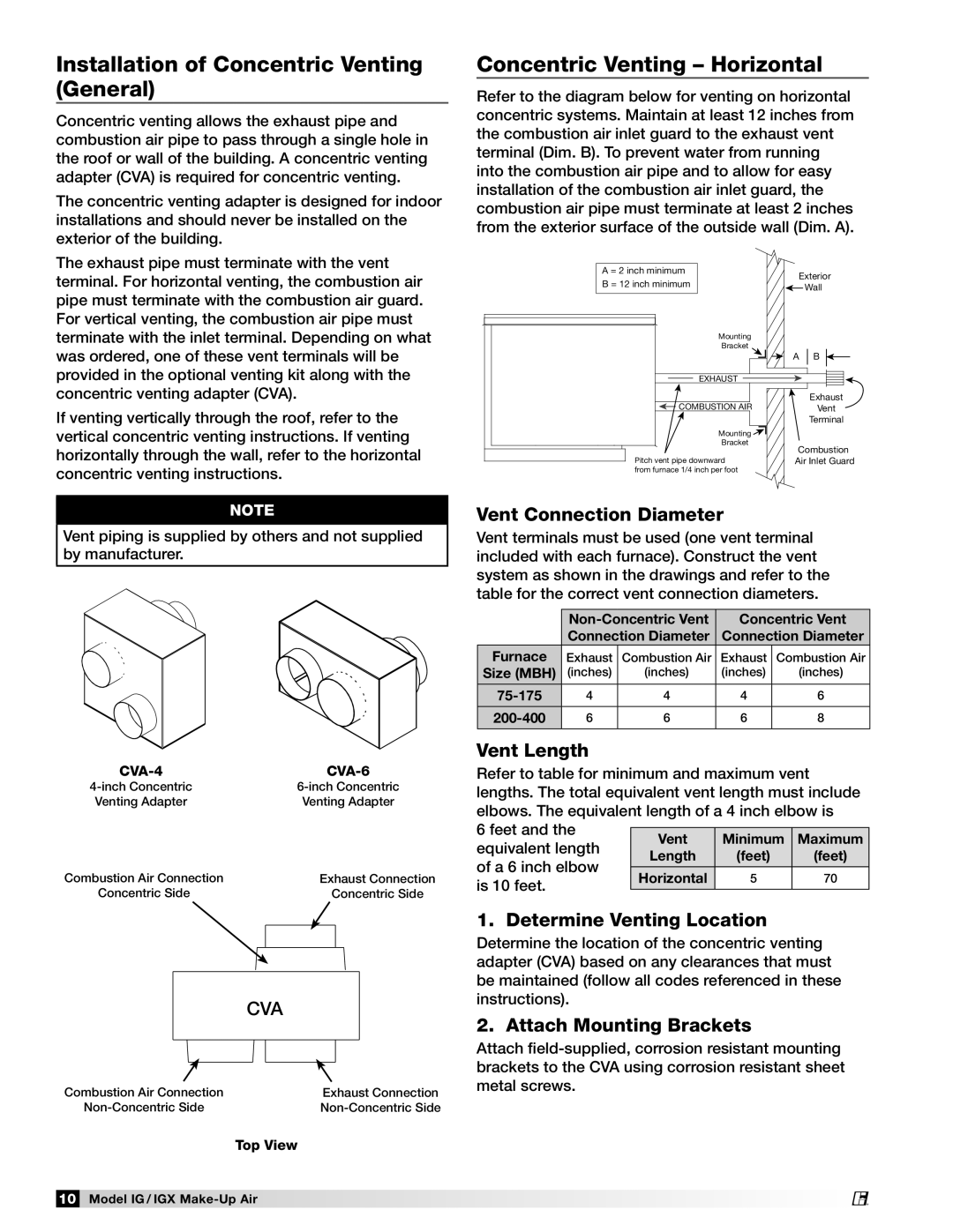 Greenheck Fan 470656 manual Installation of Concentric Venting General, Concentric Venting Horizontal 