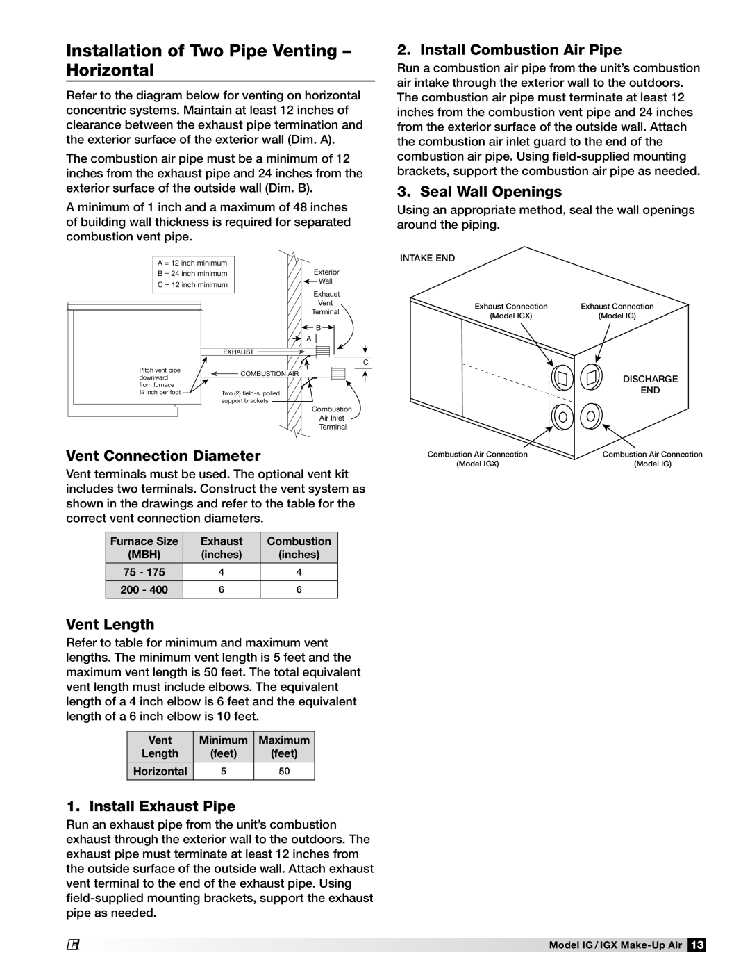 Greenheck Fan 470656 manual Installation of Two Pipe Venting Horizontal, Seal Wall Openings 