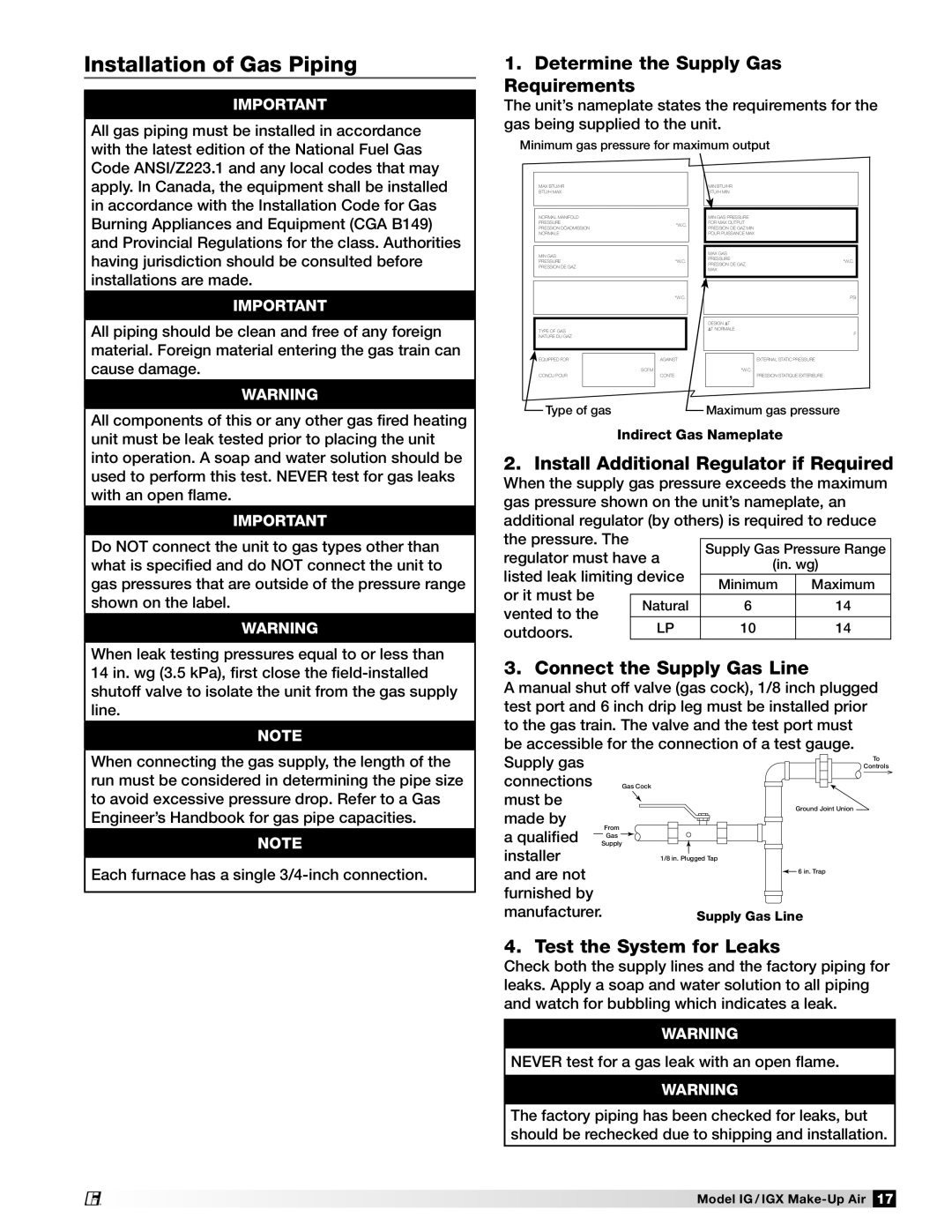 Greenheck Fan 470656 manual Installation of Gas Piping, Determine the Supply Gas Requirements, Connect the Supply Gas Line 