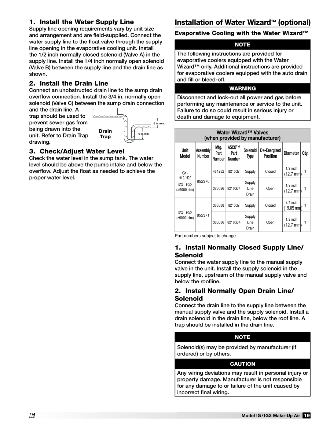 Greenheck Fan 470656 manual Installation of Water WizardTM optional, Install Normally Closed Supply Line/ Solenoid 