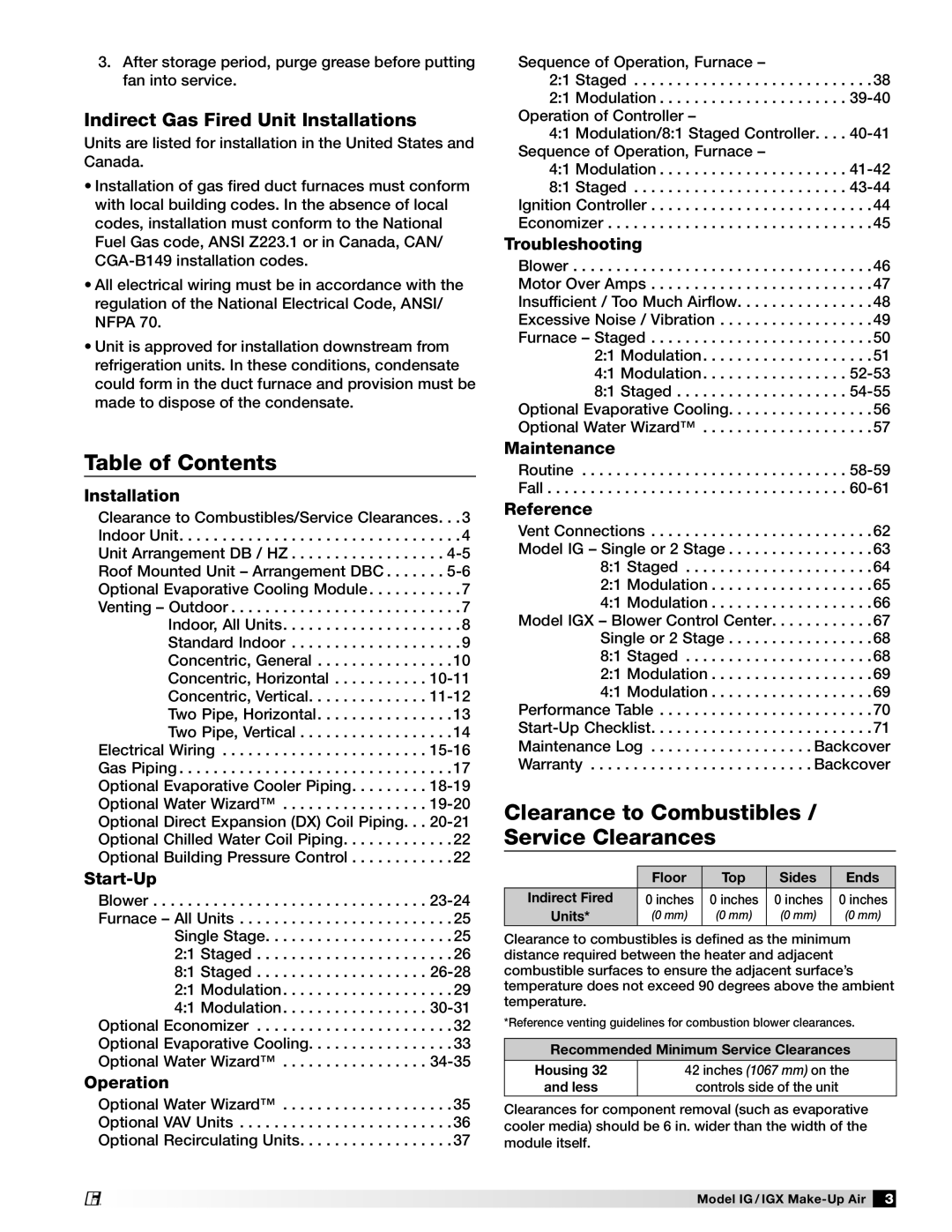 Greenheck Fan 470656 manual Table of Contents, Clearance to Combustibles / Service Clearances 