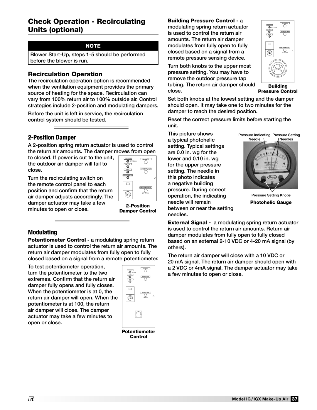 Greenheck Fan 470656 Check Operation Recirculating Units optional, Recirculation Operation, Building Pressure Control a 