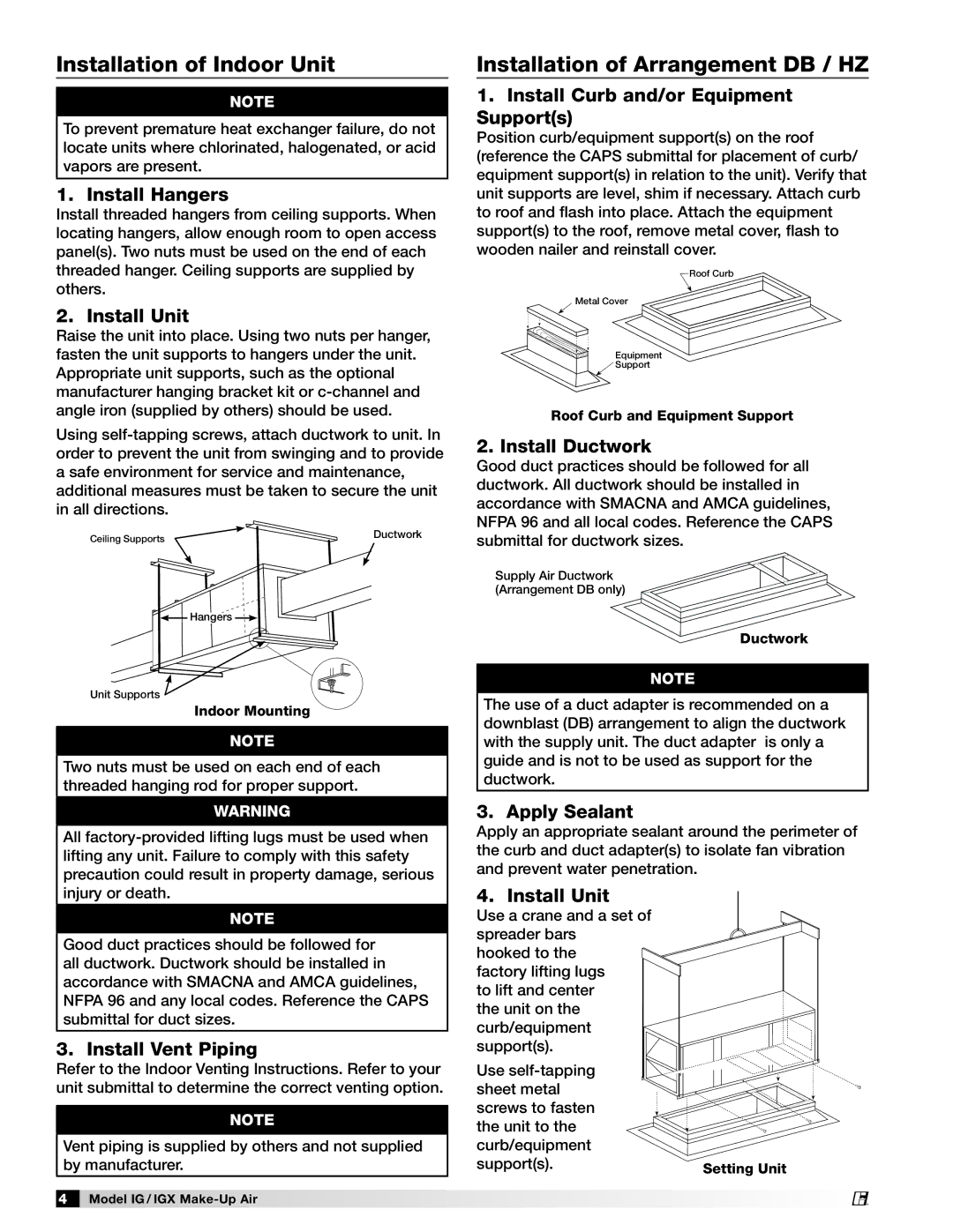 Greenheck Fan 470656 manual Installation of Indoor Unit, Installation of Arrangement DB / HZ 