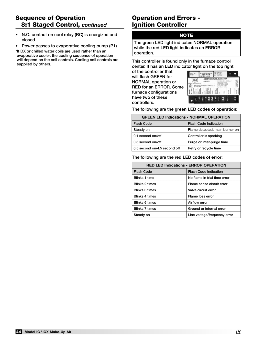 Greenheck Fan 470656 manual Operation and Errors Ignition Controller, Following are the green LED codes of operation 