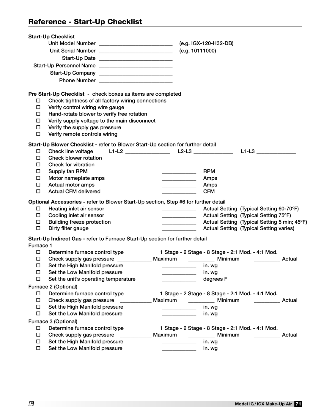 Greenheck Fan 470656 manual Reference Start-Up Checklist 