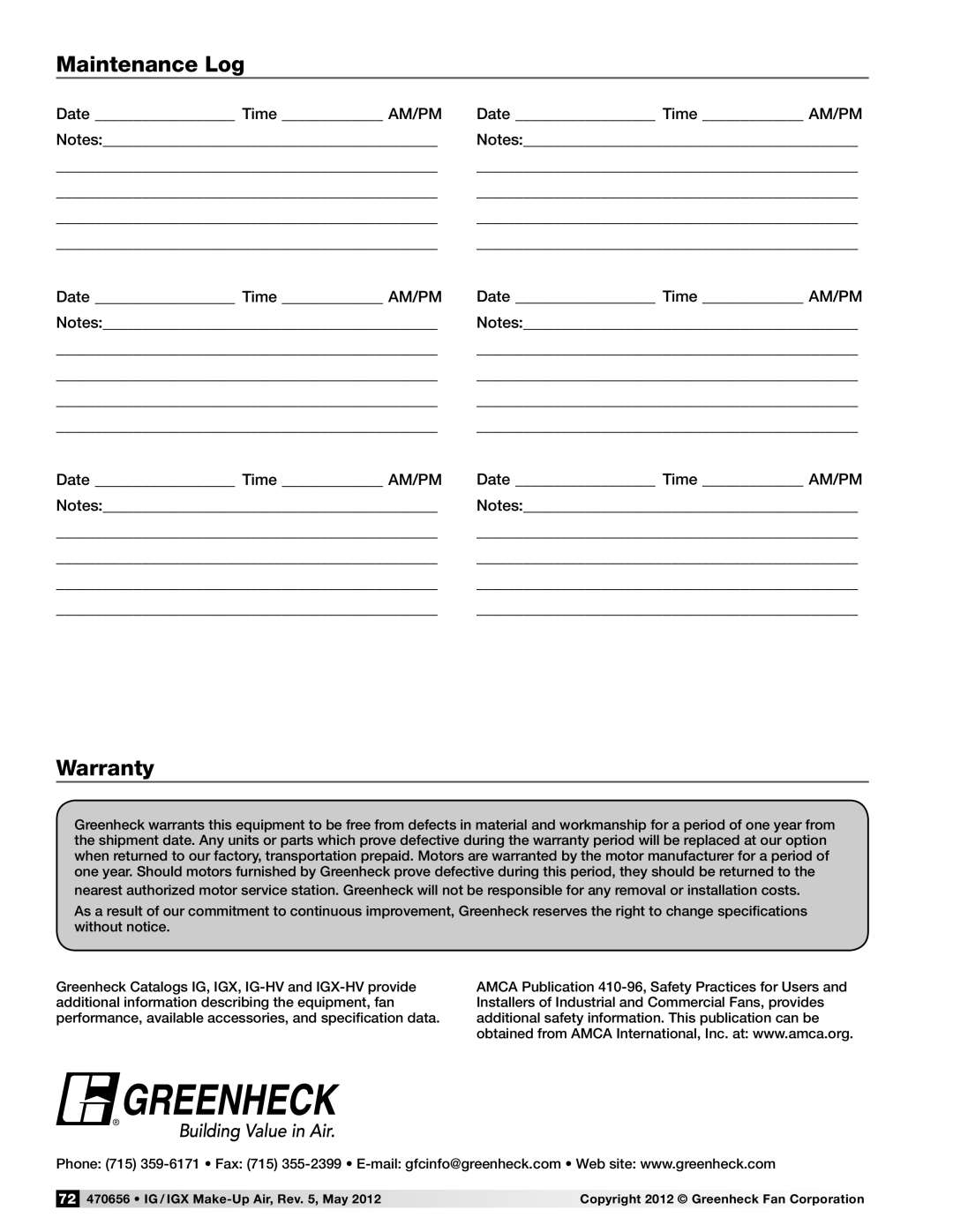 Greenheck Fan 470656 manual Maintenance Log, Warranty 