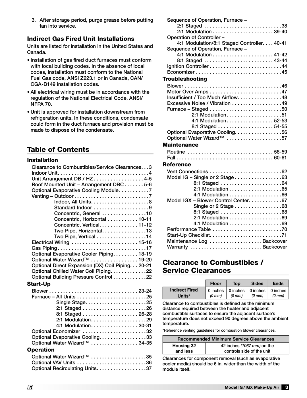 Greenheck Fan 470656 Table of Contents, Clearance to Combustibles / Service Clearances, Installation, Start-Up, Operation 
