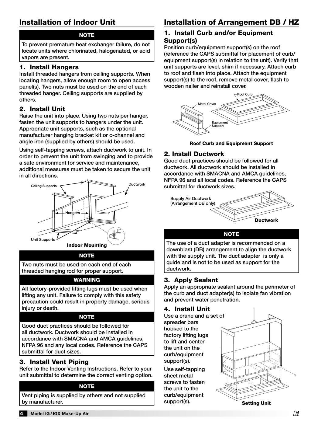 Greenheck Fan 470656 manual Installation of Indoor Unit, Installation of Arrangement DB / HZ, Install Hangers, Install Unit 
