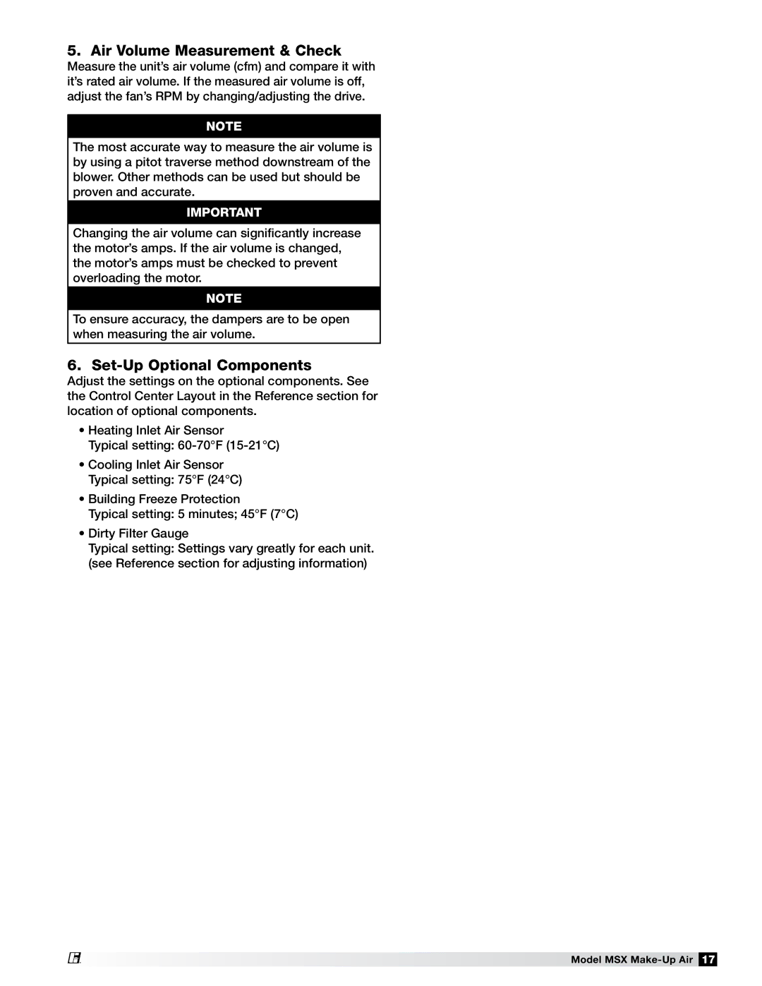 Greenheck Fan 470658 MSX manual Air Volume Measurement & Check, Set-Up Optional Components 