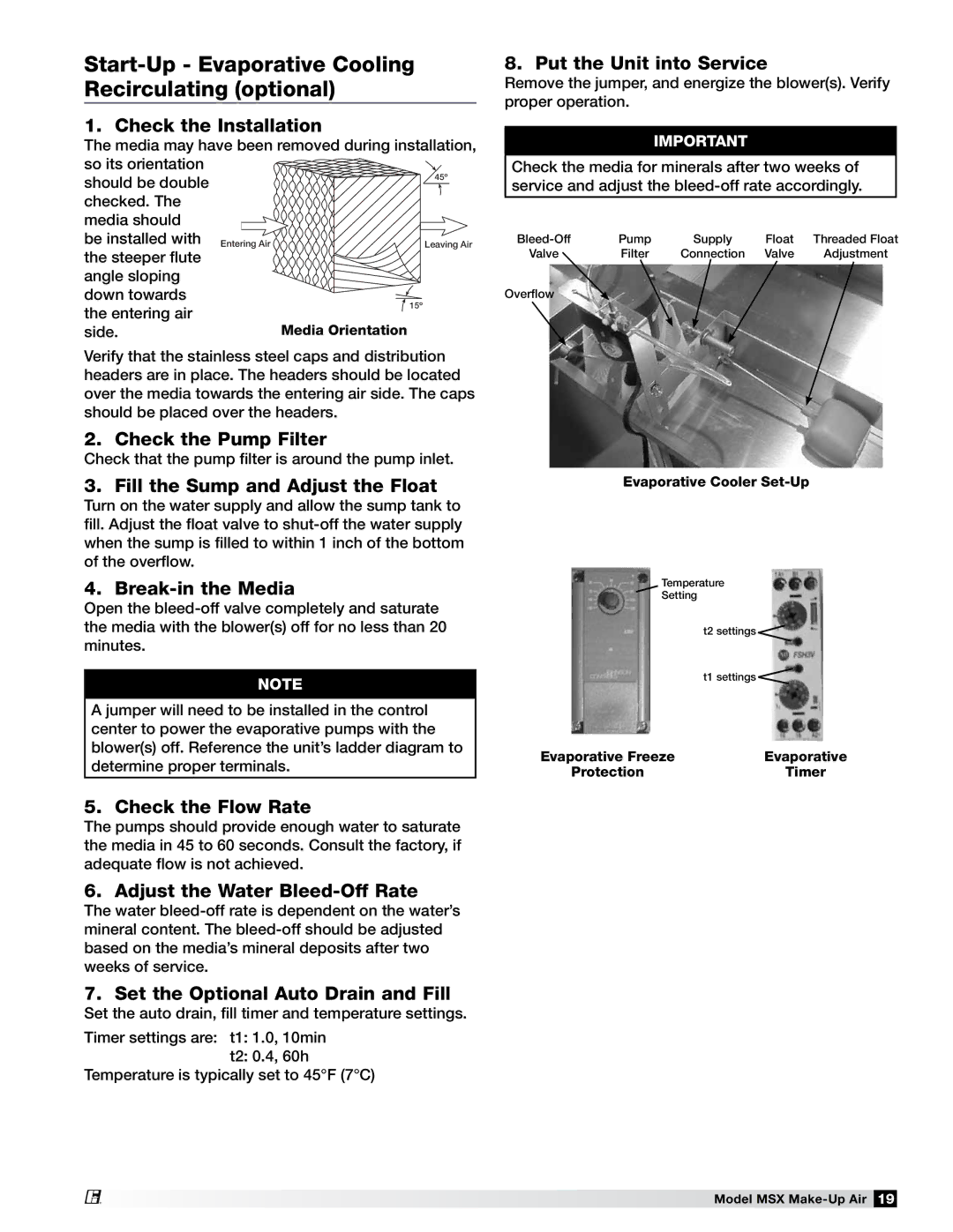 Greenheck Fan 470658 MSX manual Start-Up Evaporative Cooling Recirculating optional 