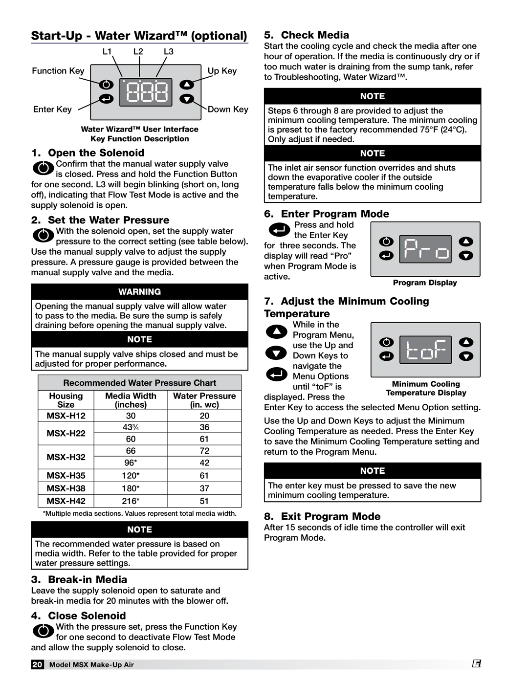 Greenheck Fan 470658 MSX manual Start-Up Water Wizard optional 